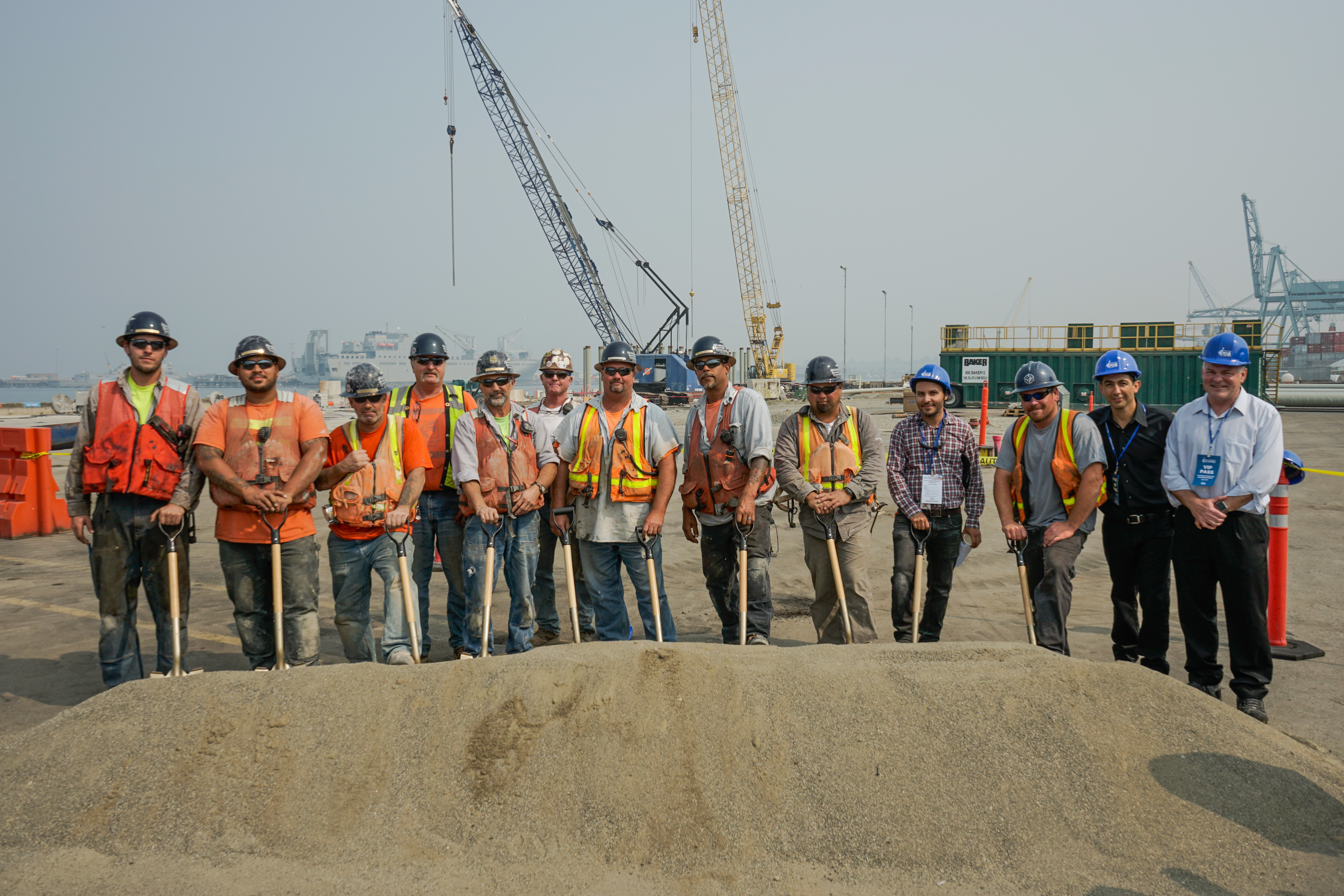Dee Burch, President of AAC, Eric Ramirez-Barreto, Project Manager for the South Terminal Wharf Upgrade, and the Advanced American Construction Crew at the Groundbreaking Ceremony Aug. 15th